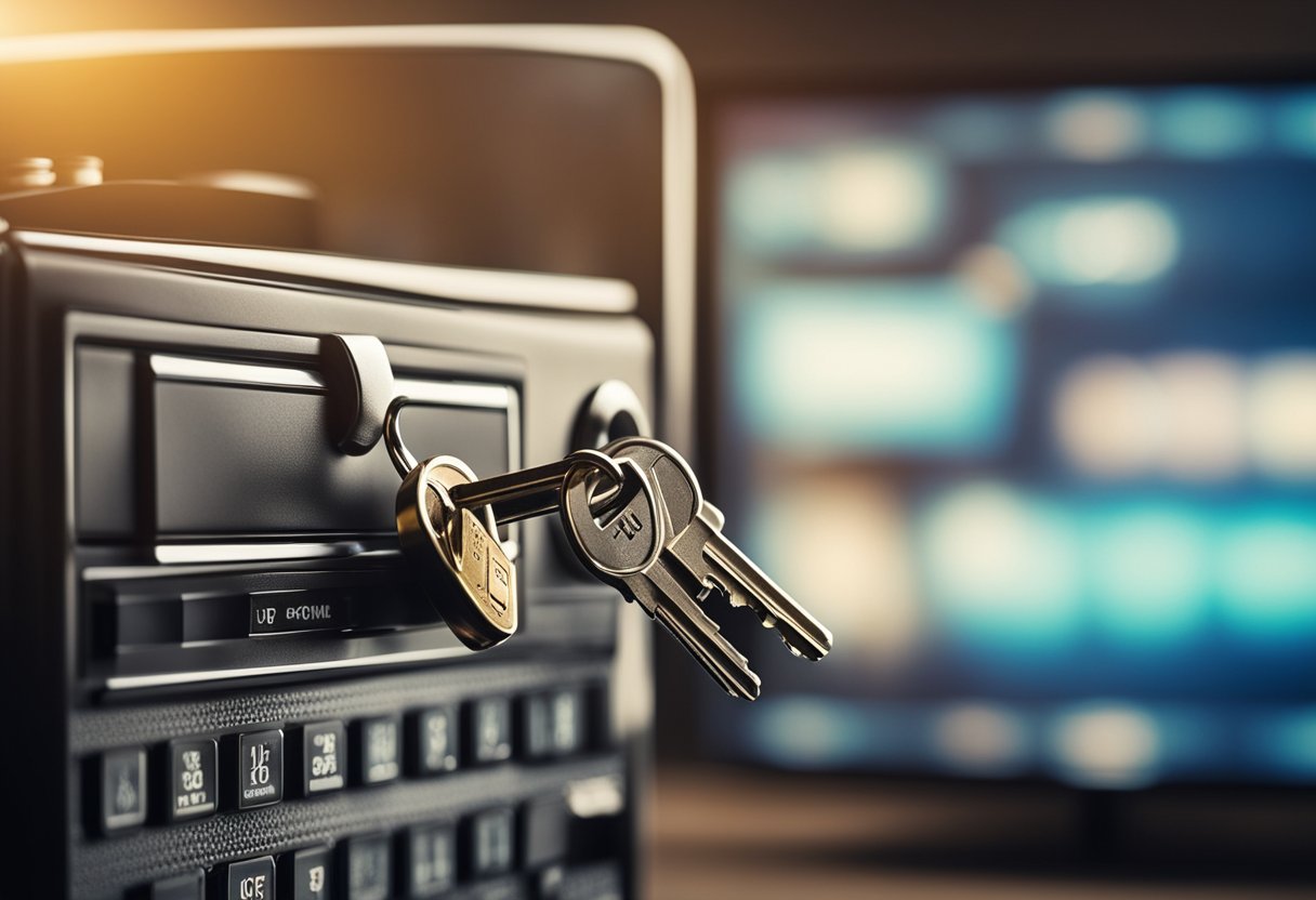 A lock and key hovering over a streaming TV, with digital code swirling around it, representing the encryption of IPTV