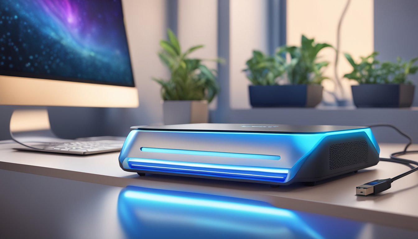 A sleek, modern router sits on a desk, glowing with blue LED lights. Cables are neatly organized, connecting the device to a high-speed modem