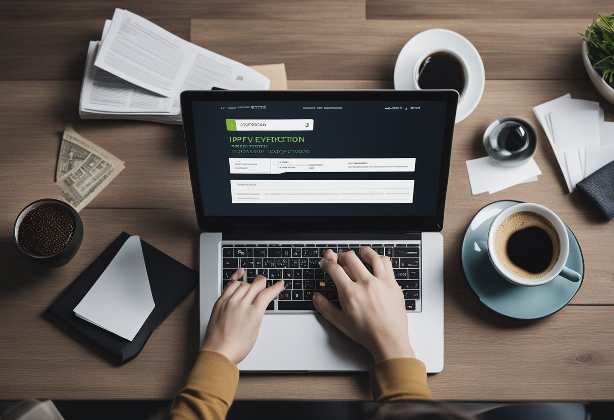 An open laptop displaying an IPTV encryption tutorial, surrounded by scattered papers and a cup of coffee