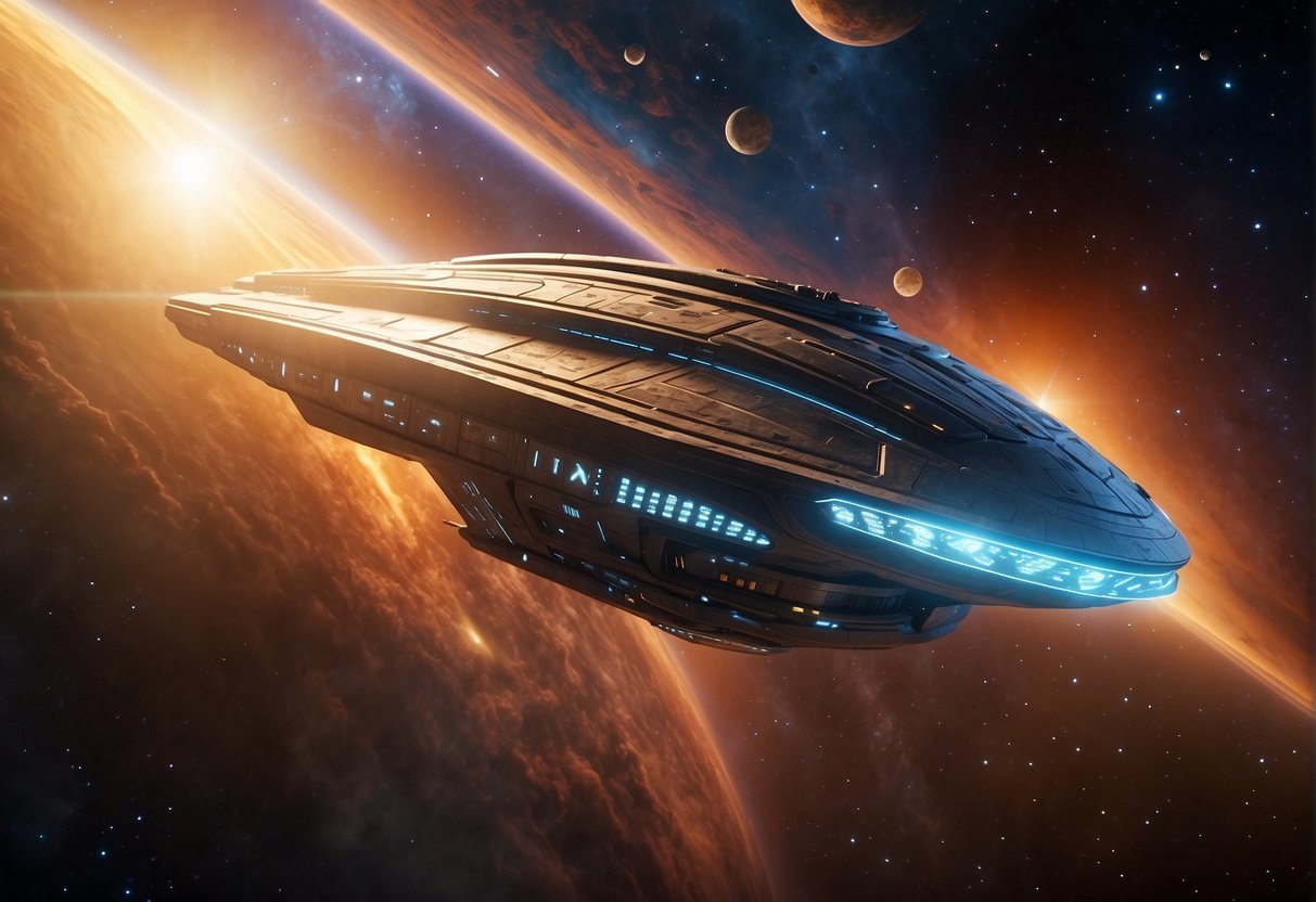 A spaceship glides through a vibrant, otherworldly nebula, its sleek design and glowing engines reflecting the cutting-edge VFX of Star Trek Discovery