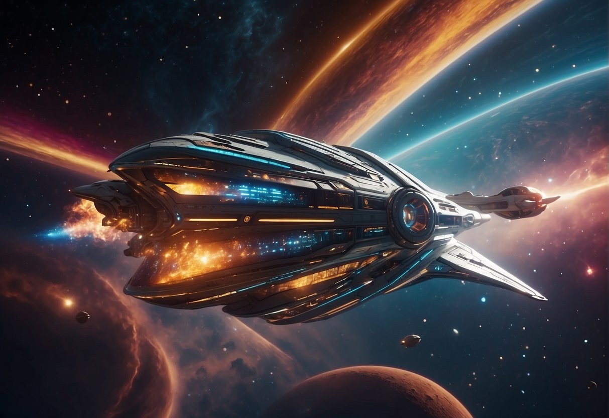 The scene depicts a futuristic spaceship soaring through a colorful and dynamic space filled with vibrant stars and celestial bodies, showcasing cutting-edge visual effects