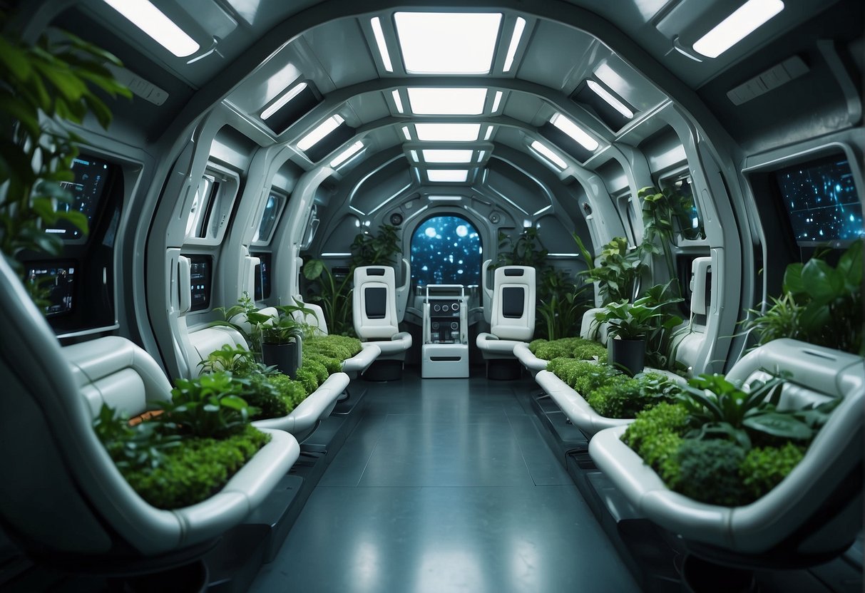 A spaceship interior with lush greenery, oxygen-producing plants, and advanced life support systems