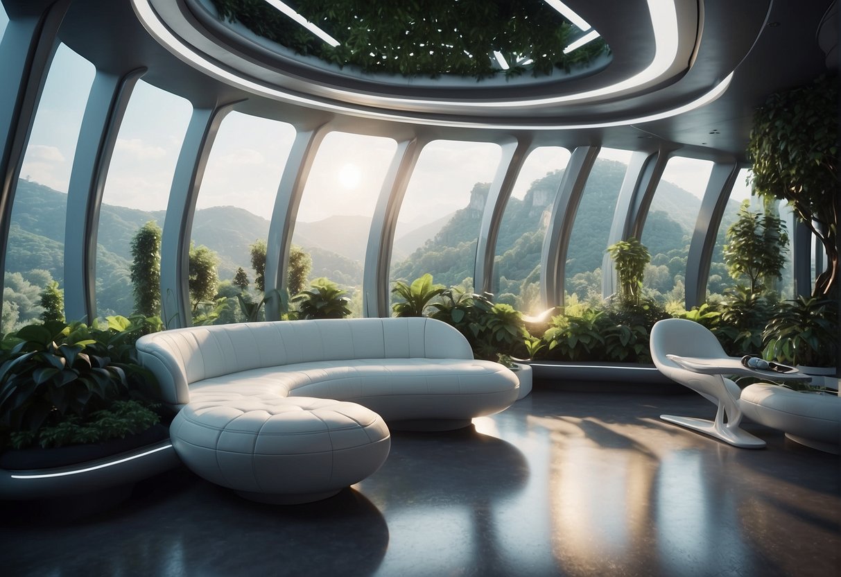 A futuristic spaceship interior with sleek, curved architecture, filled with lush greenery and sustainable living spaces. Advanced technology seamlessly integrated into the design