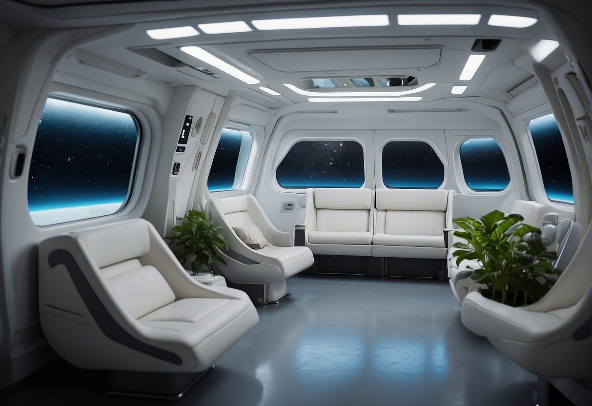 A spacious, well-lit spaceship interior with ergonomic seating, plant life, and sleeping quarters. Various amenities and personal storage areas are strategically placed for easy access