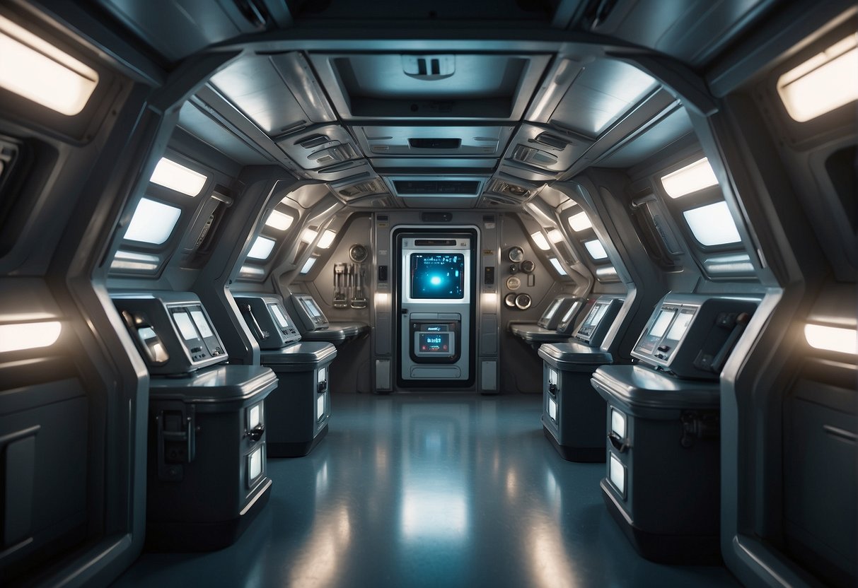 A spaceship interior with safety features: airlocks, emergency exits, oxygen tanks, and medical supplies