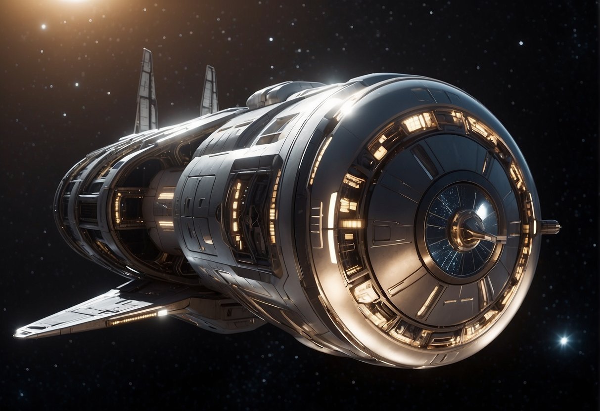 A sleek, futuristic spaceship floats in the vastness of space, its sleek metallic exterior reflecting the distant stars. Solar panels and life support systems are visible, hinting at the vessel's purpose of sustaining life on long journeys