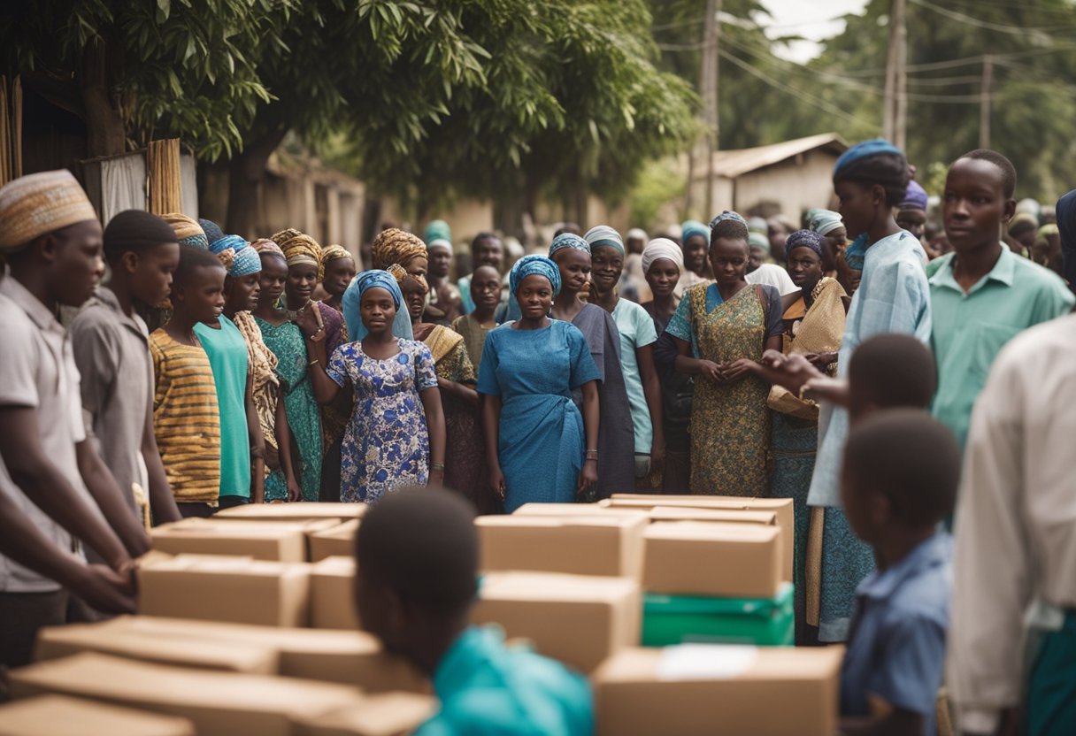 A line of people waiting for food distribution in a Nigerian community. Boxes of food being handed out to those in need