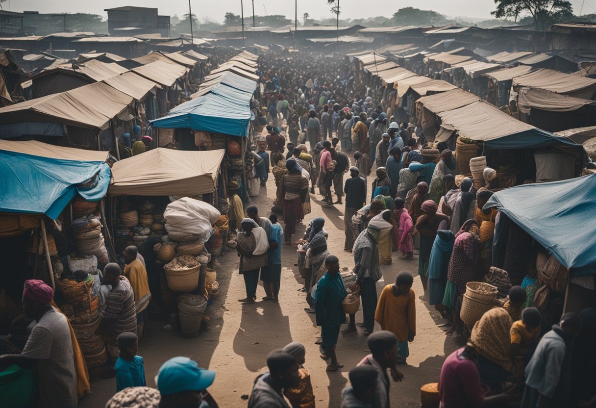 A crowded marketplace with people lining up for food distribution, surrounded by makeshift shelters and signs of poverty