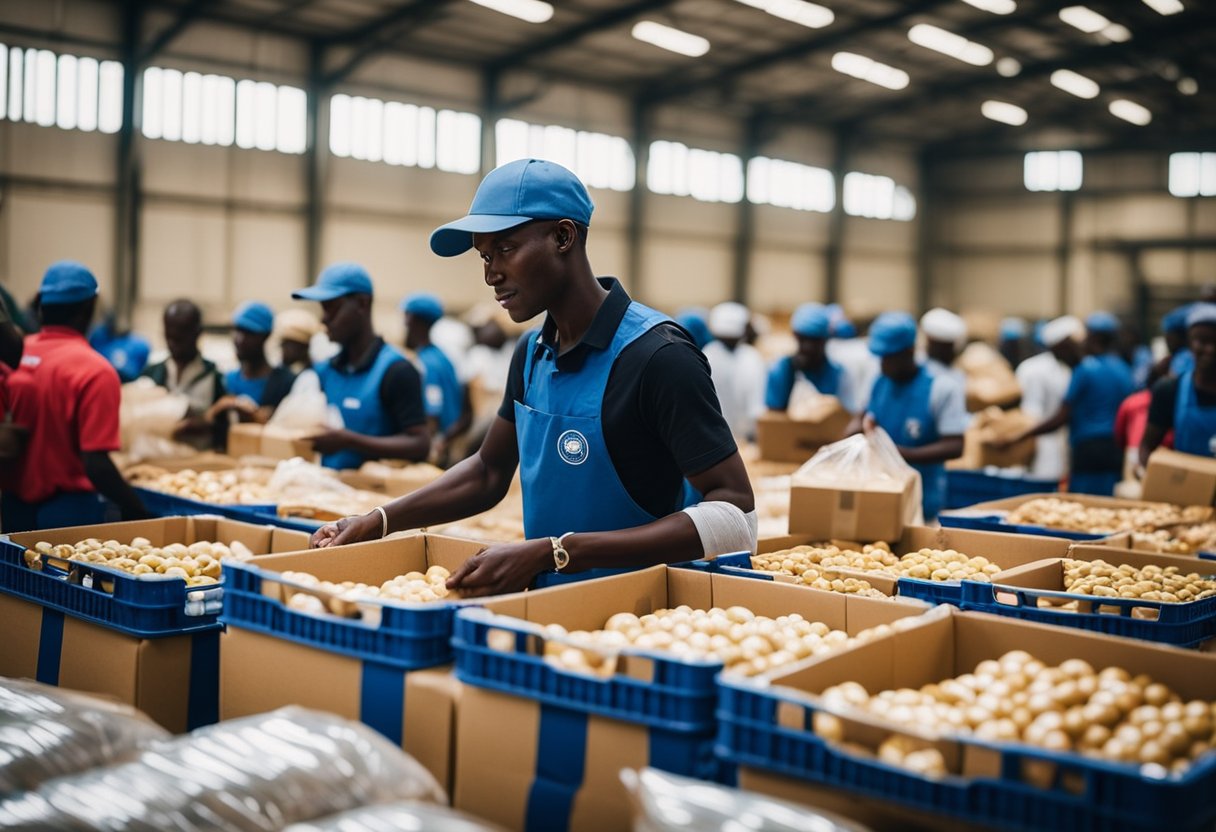 A bustling food distribution center with volunteers organizing and packing essential food items into boxes for vulnerable communities in Nigeria