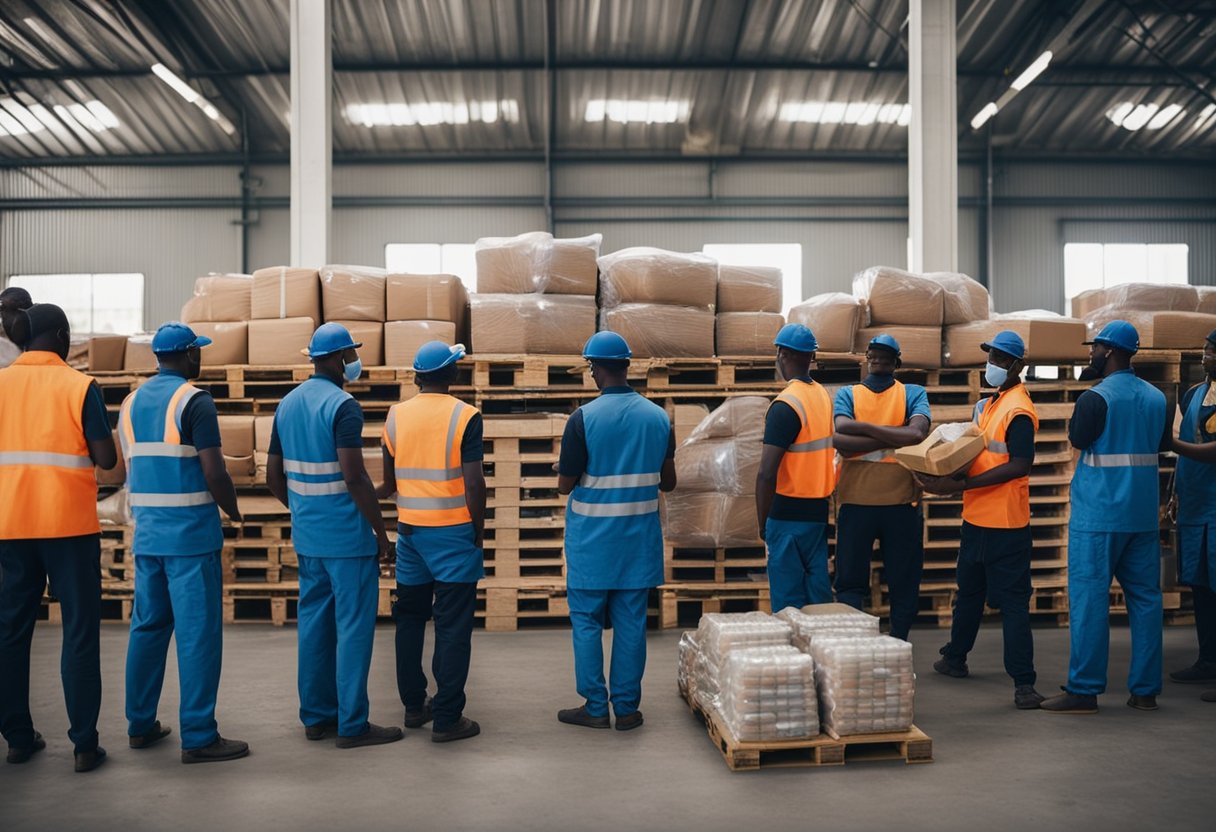 A warehouse filled with food supplies, workers organizing pallets for distribution. Trucks lined up outside ready to deliver to vulnerable communities in Nigeria