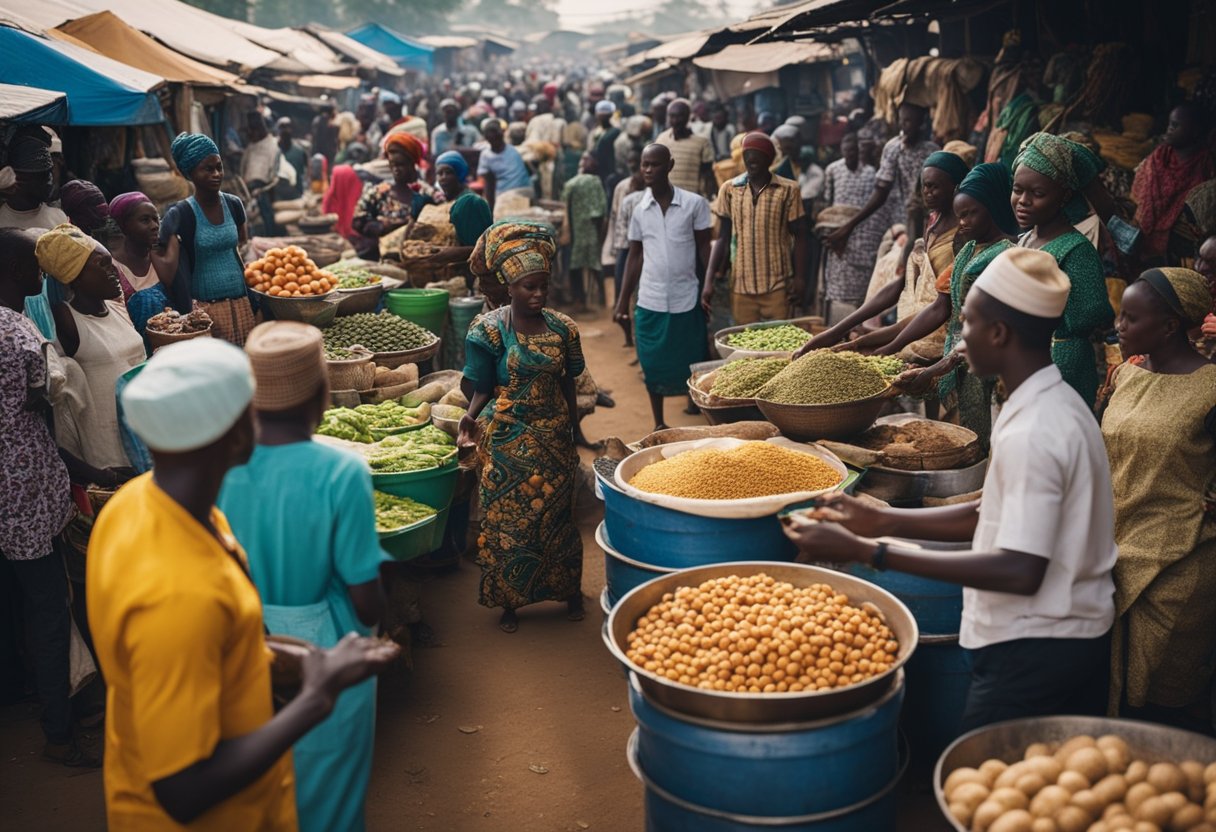 A bustling market with vendors distributing food to diverse groups of people in Nigeria