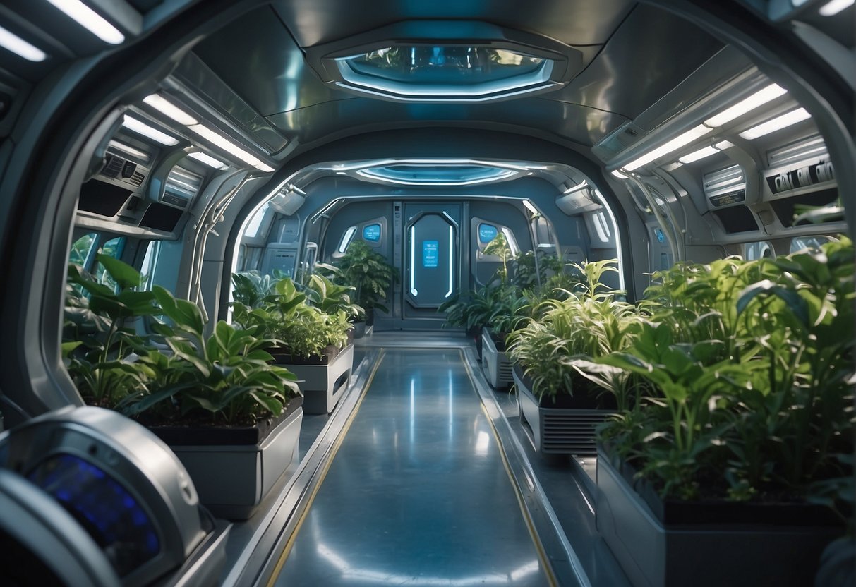 A spaceship interior with plants, water recycling systems, and oxygen generators to sustain life