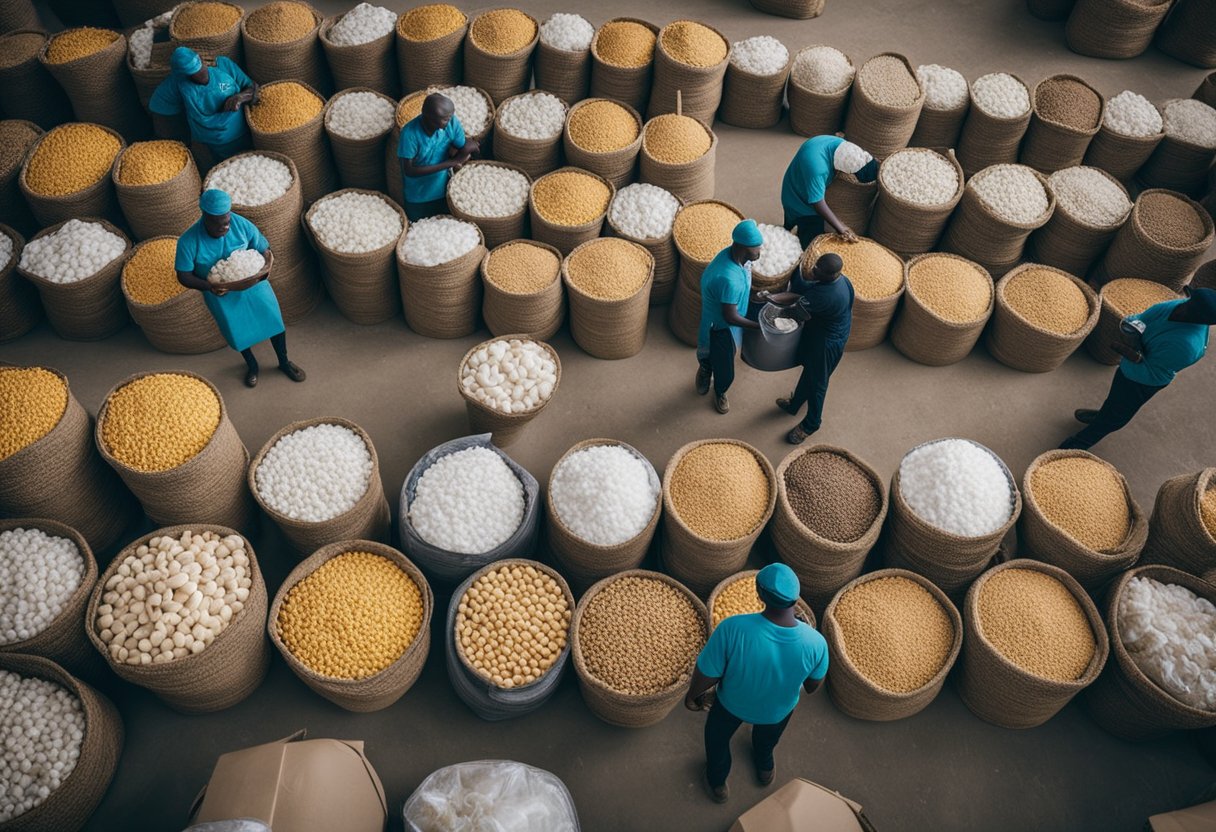 A warehouse filled with stacks of food supplies, with workers organizing and packing the items. Trucks lined up outside ready for distribution to vulnerable communities in Nigeria