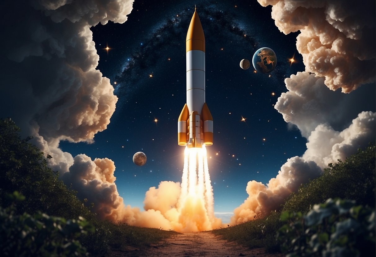 A rocket launches into space, surrounded by stars and planets. The emotional journey of space is depicted through the changing landscapes and the passage of time