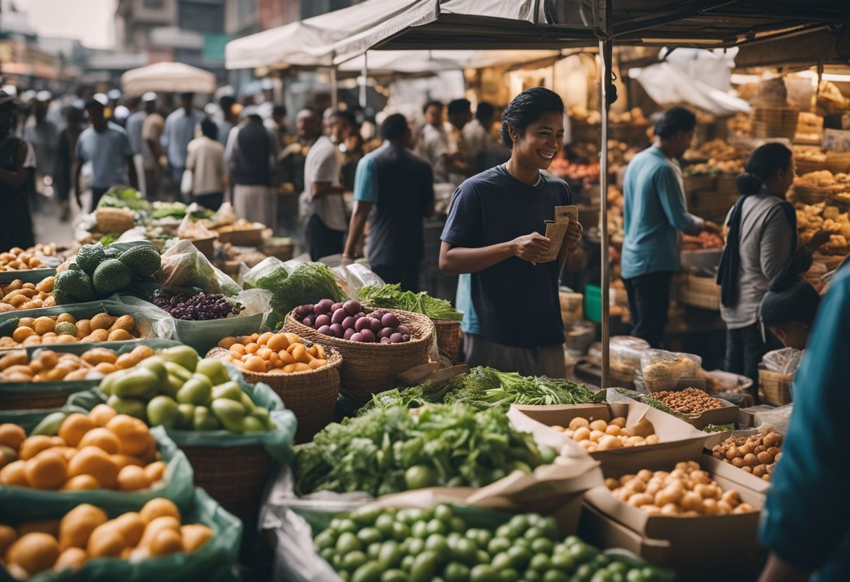 A crowded market with diverse food vendors and a line of people receiving food packages from volunteers