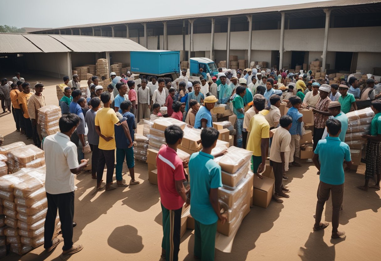 Villagers gather around a distribution center, receiving food packages. Trucks unload supplies as volunteers organize the distribution process