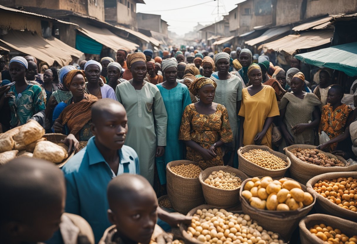 A crowded market with diverse food items being distributed to people in need, highlighting the urgency and importance of effective food palliative distribution in Nigeria
