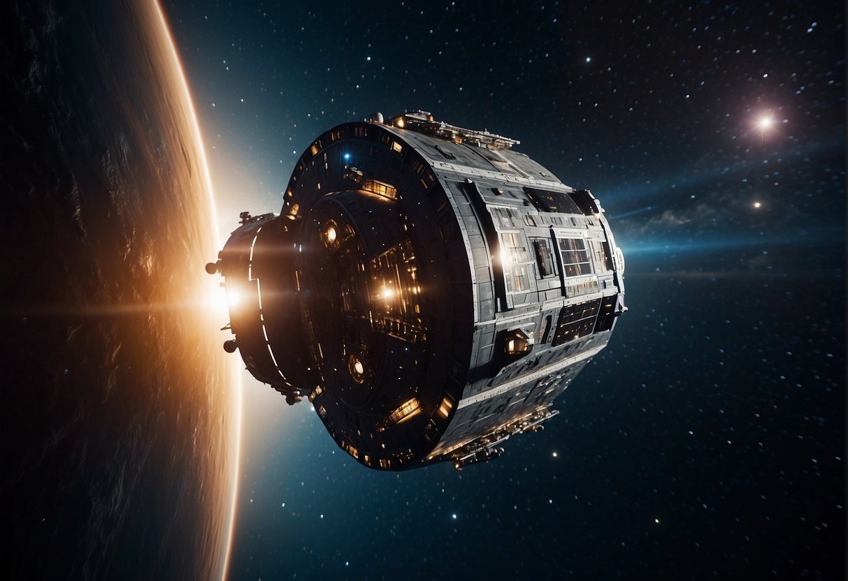 A spacecraft hurtles through the vast emptiness of space, surrounded by twinkling stars and distant galaxies. The intricate mechanics of the ship are highlighted, showcasing the technical mastery of filmmaking in capturing the emotional journey of space in cinema