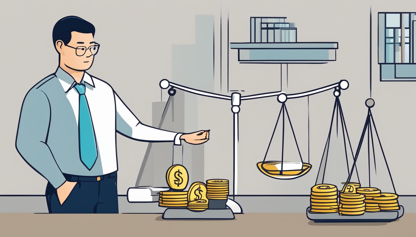 A person carefully weighing the pros and cons of loaning from a licensed money lender in Singapore, with a scale representing the balance of risks and informed decisions