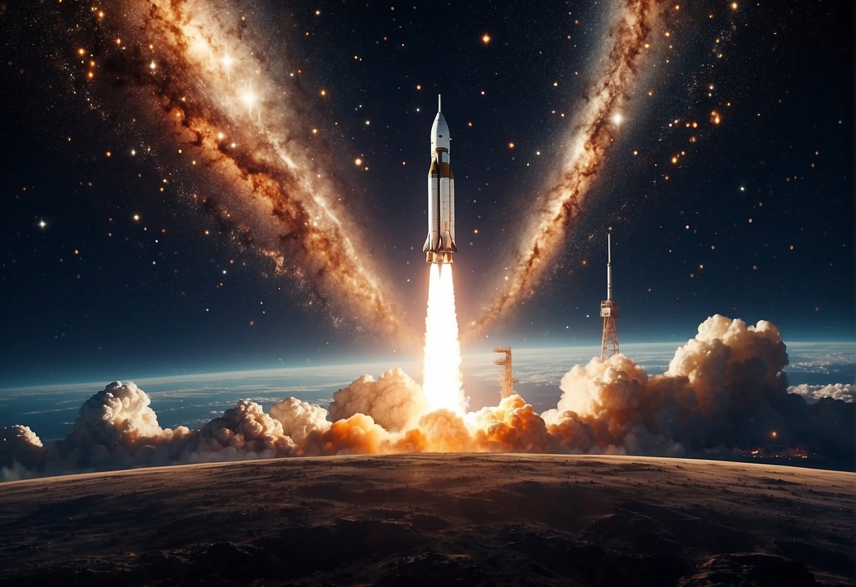 A rocket launches into space, surrounded by stars and planets. The emotional journey of space is depicted through cinematic scenes from Apollo 13 to Interstellar