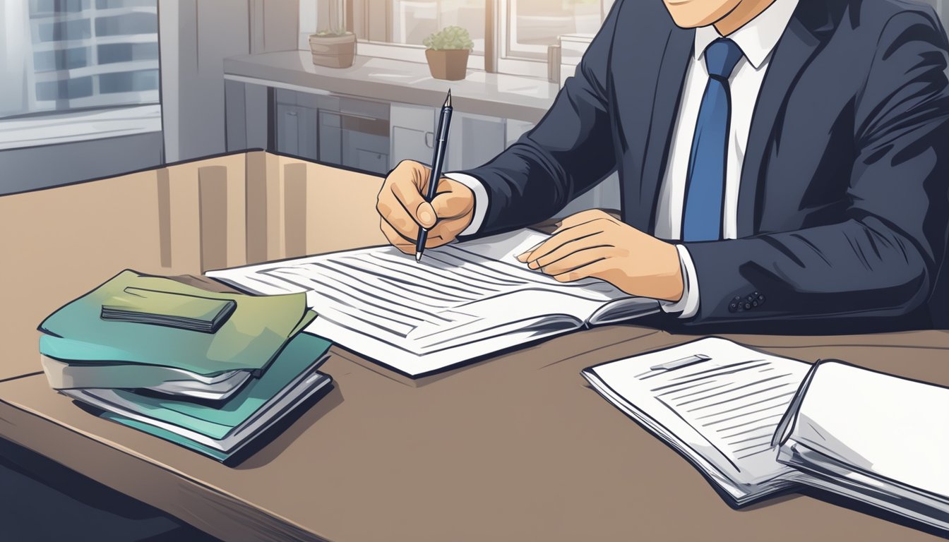 A borrower signing a loan agreement with a licensed money lender in Singapore, while reading through a list of practical tips and potential risks