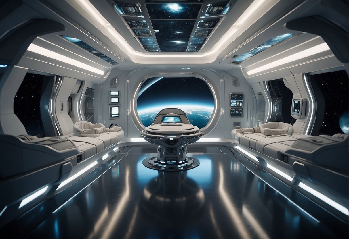 A spacious, futuristic spacecraft interior with floating objects and people. Zero-gravity effect achieved through wirework and digital effects