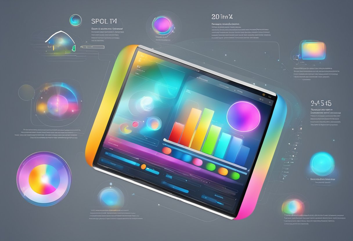 An illuminated touch screen LCD displaying various colors and graphics, with a sleek design and thin bezels