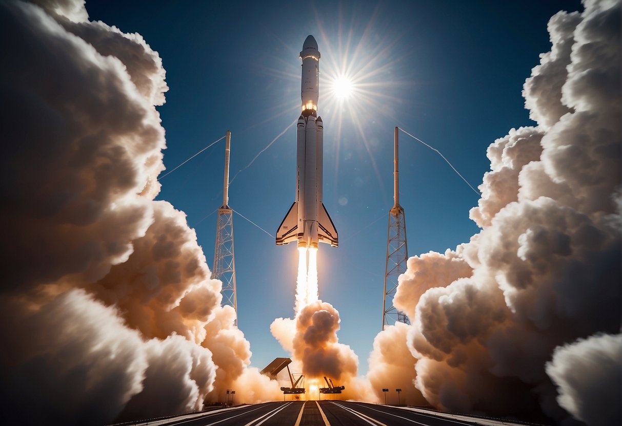 A sleek SpaceX rocket launches into space, surrounded by futuristic space stations and other spacecraft. The scene is filled with a sense of competition and collaboration, representing the new era of space exploration