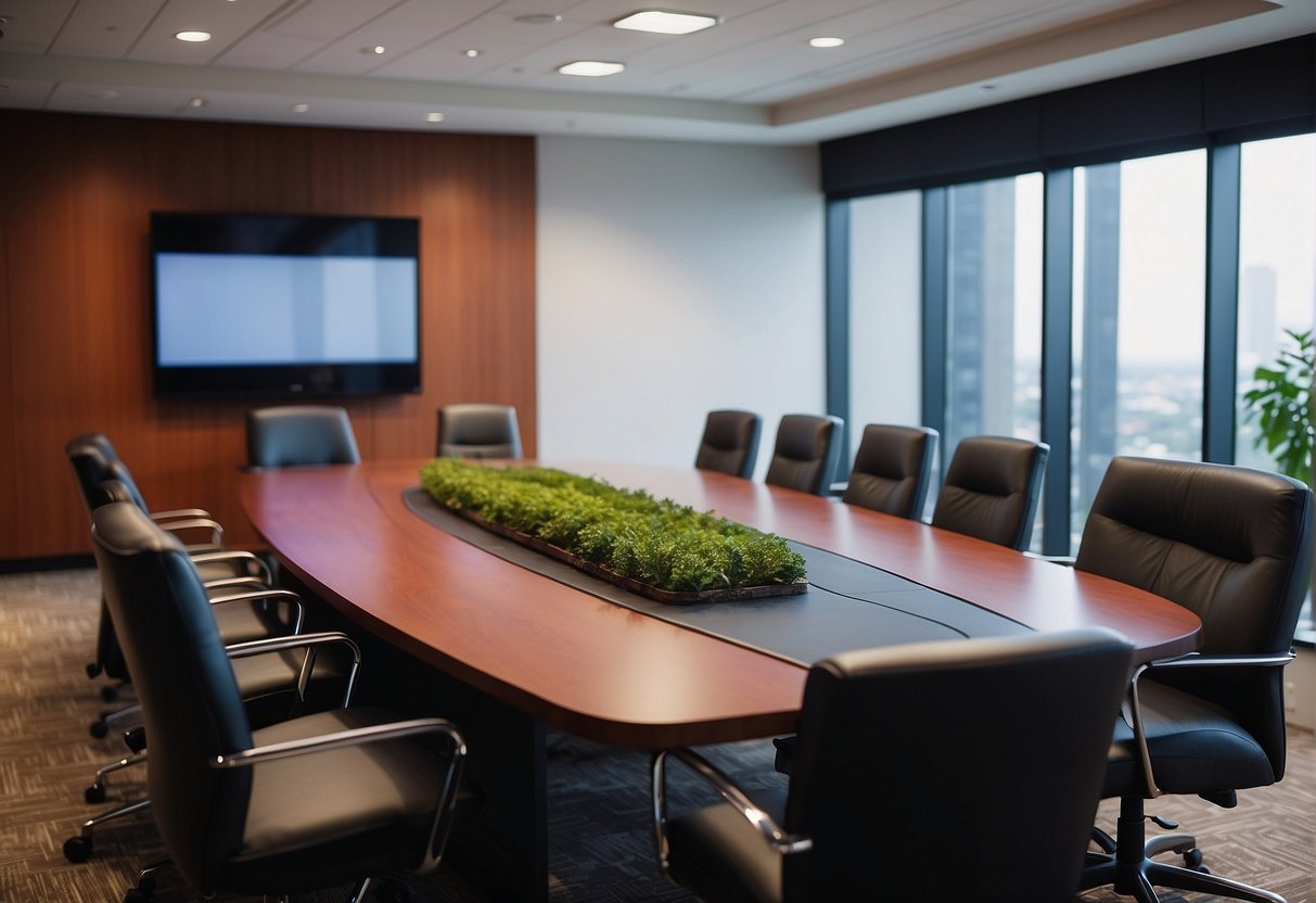 A conference room with two opposing sides sitting at a table, a mediator in the middle, facilitating communication and conflict resolution