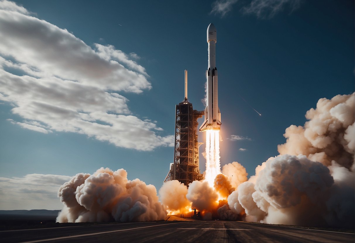 SpaceX's rocket launches into the cosmos, with futuristic spacecraft orbiting nearby, showcasing the new era of space exploration and representation in sci-fi