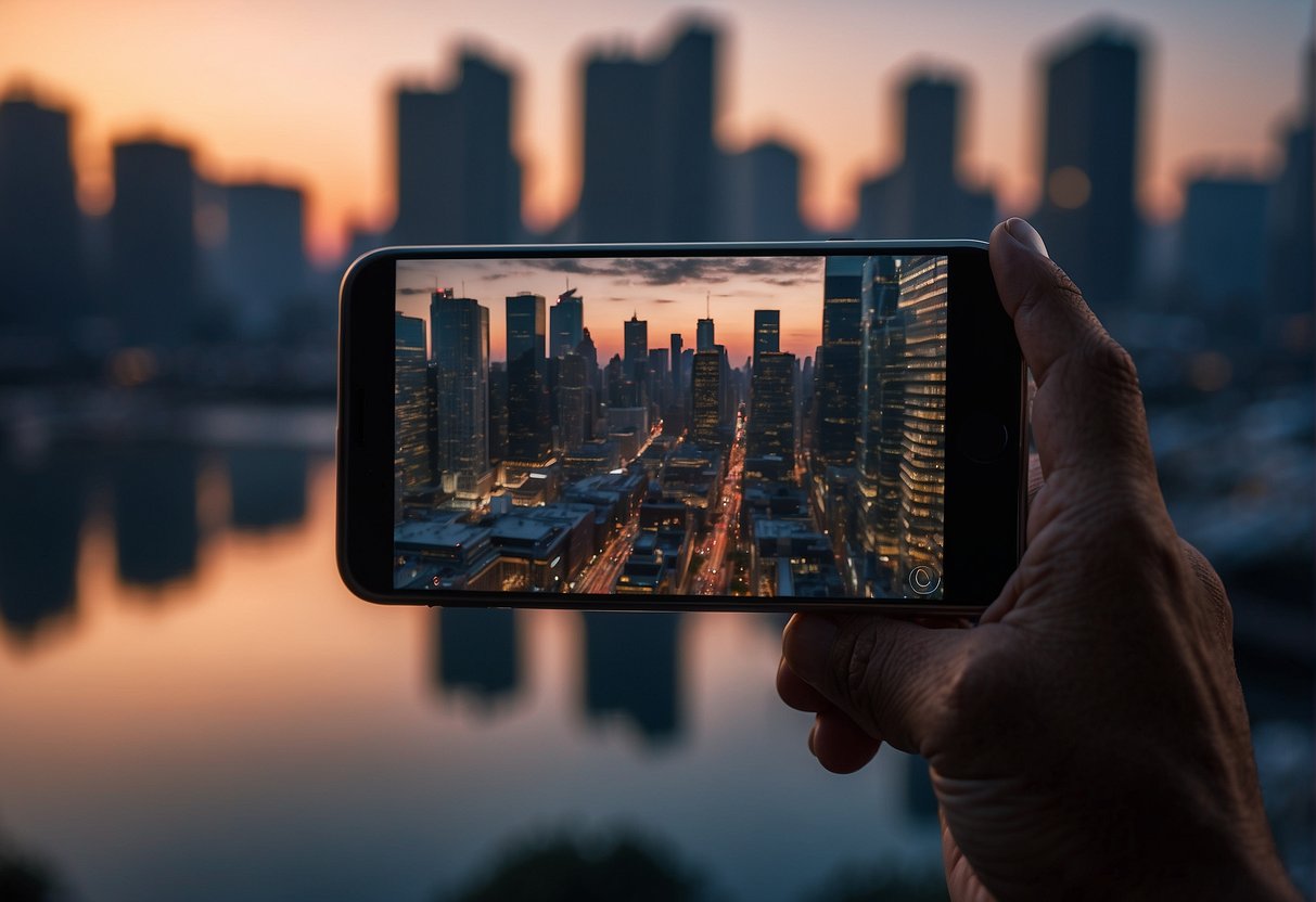 A smartphone held up, capturing a sprawling cityscape, with a director's clapperboard in the foreground. The phone's screen displays a futuristic space scene