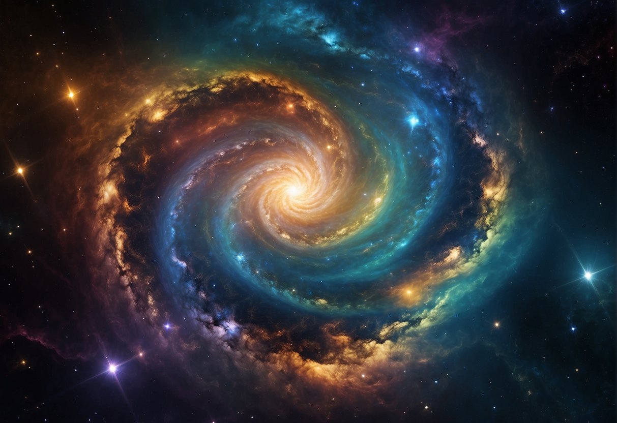 A galaxy swirls with vibrant colors, swirling gases, and twinkling stars, creating a mesmerizing and otherworldly spectacle
