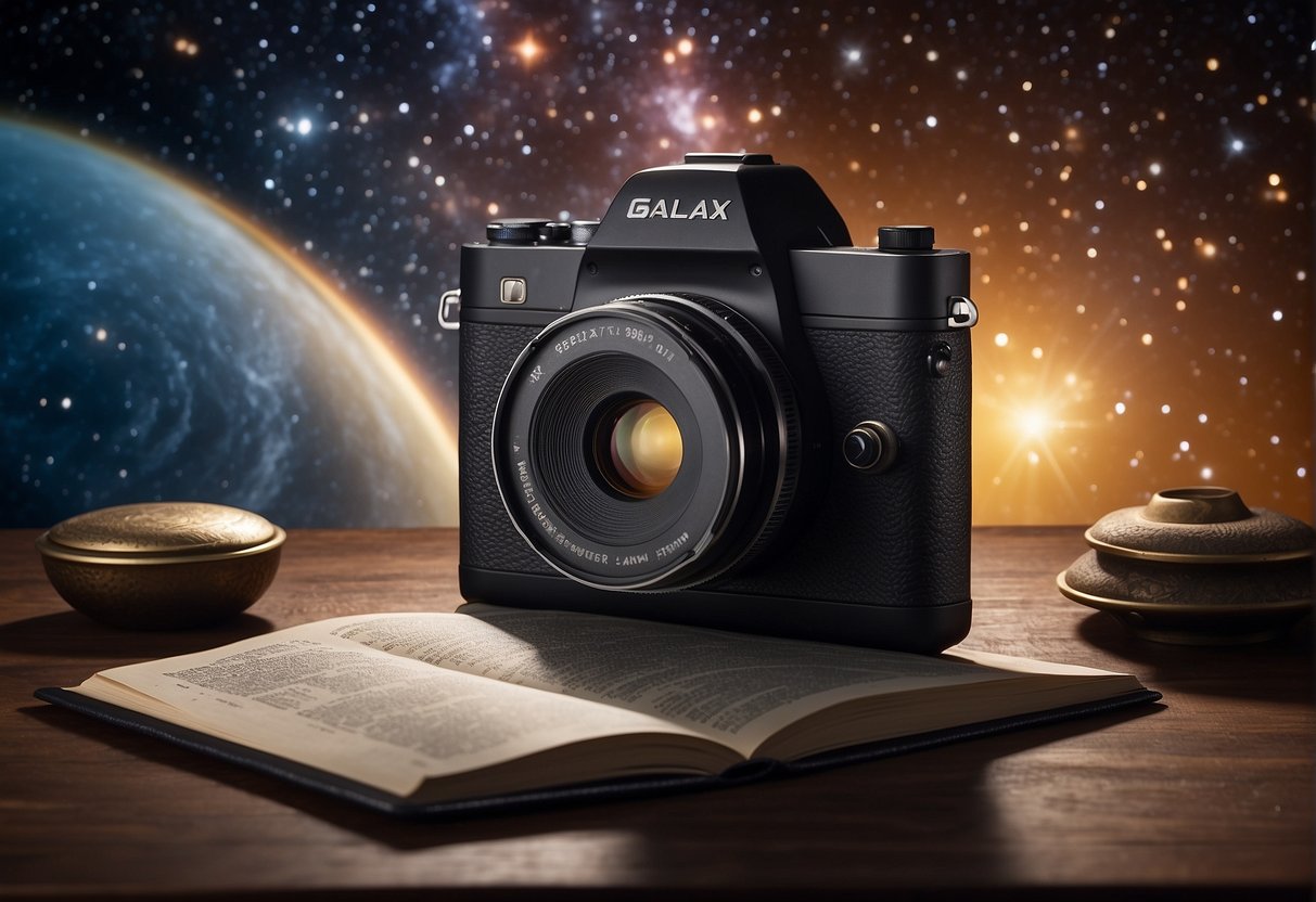 A filmmaker's galaxy book hovers in space, surrounded by twinkling stars and swirling planets. The book's cover features a director's chair and a camera lens, symbolizing the art of directing space through the lens