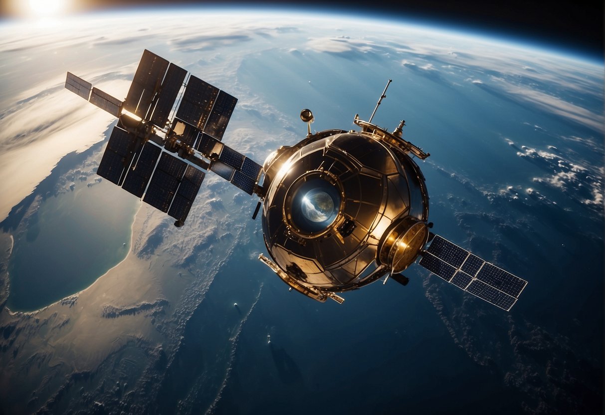 Astrodynamics  - Satellite orbiting Earth, following precise trajectory. Gravity's pull evident as it curves around planet. Sunlight illuminates the spacecraft's sleek, metallic exterior