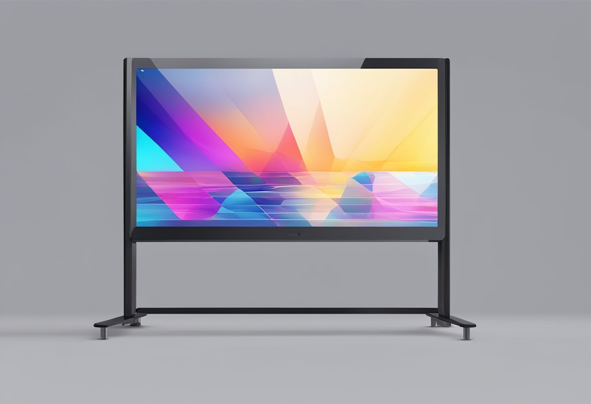 A 32-inch LCD touch screen standing on a sleek, modern stand, displaying vibrant colors and sharp images with a responsive touch interface