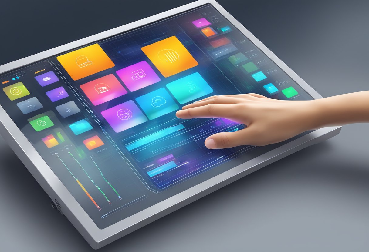 A hand reaches out to touch a sleek HMI LCD touch screen, displaying data and controls with vibrant colors and sharp graphics
