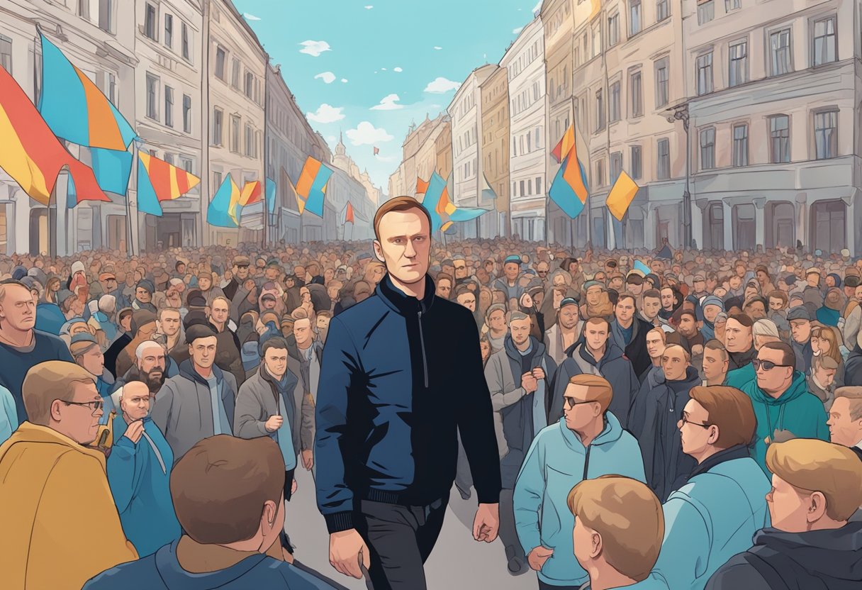 Aleksey Navalny walks confidently through a crowded city square, surrounded by supporters and waving banners