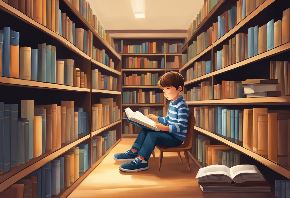 A young boy reading books in a library, surrounded by shelves of knowledge and a warm, inviting atmosphere
