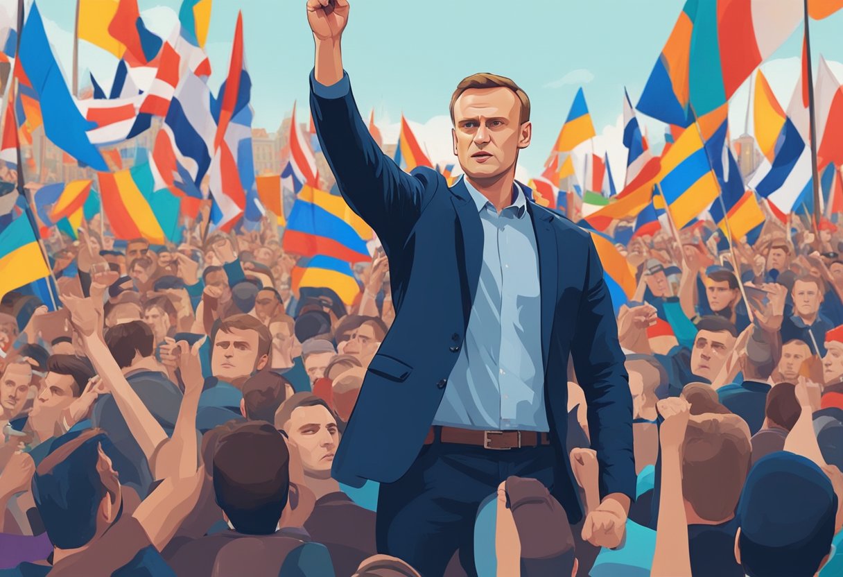 Aleksey Navalny addressing a large crowd in a public square, surrounded by banners and flags, with a determined expression on his face