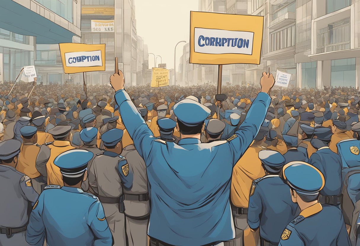 A crowd protests against corruption, holding signs and chanting slogans. Police stand guard, while a figure symbolizing justice looms in the background