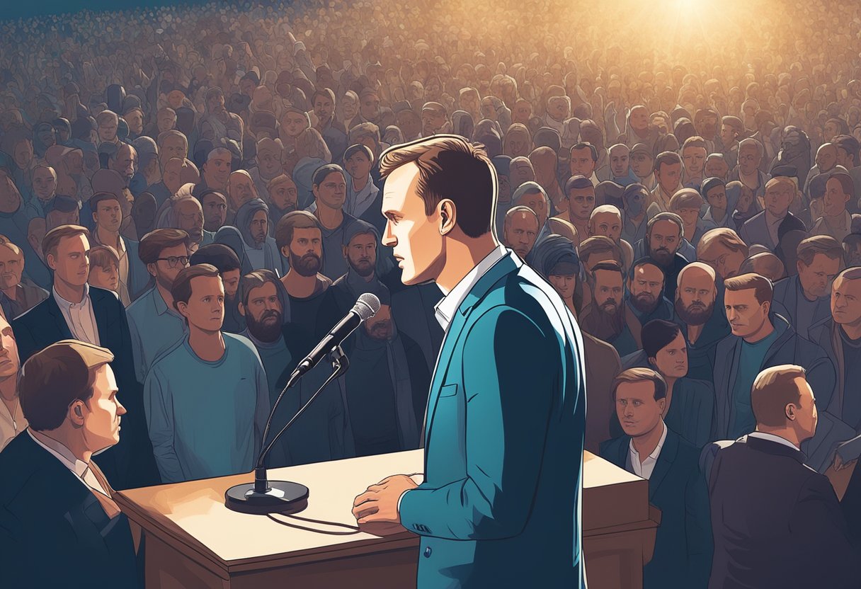 Aleksey Navalny stands at a podium, surrounded by a crowd of supporters, with a spotlight shining down on him