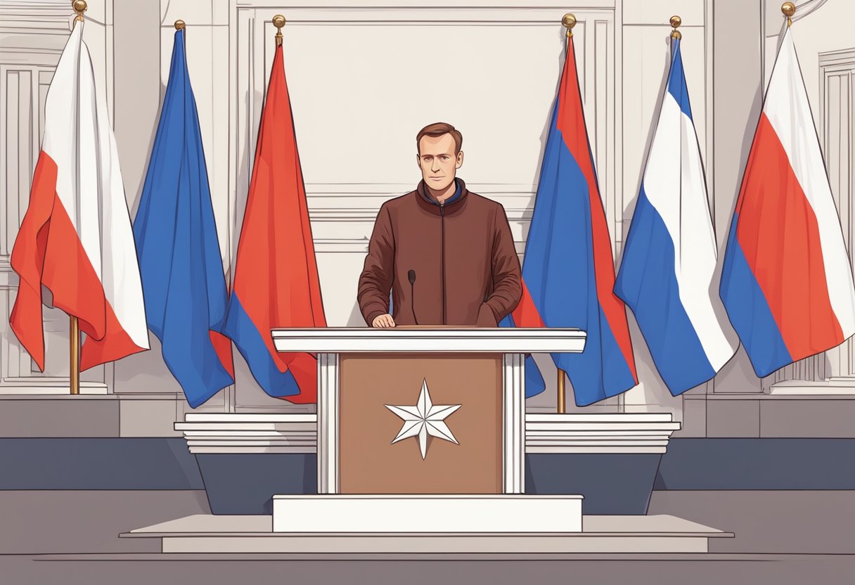 A podium with Navalny's name and a Russian flag