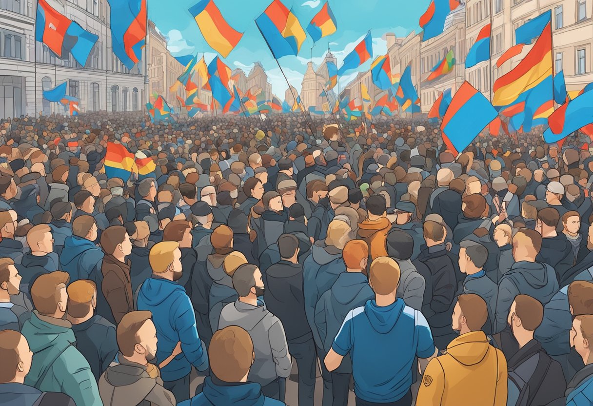 Aleksey Navalny's rally fills the streets, with banners and flags waving in the air. Protesters chant and march in unison, while police stand watch