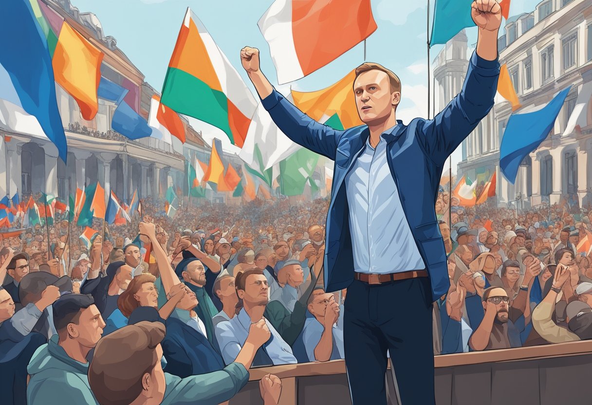 Aleksey Navalny addresses a crowd of supporters with a raised fist, surrounded by banners and flags