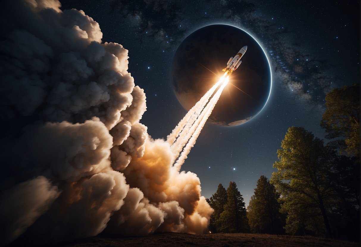 Sputnik  - A rocket launches into the starry night sky, leaving a trail of fire and smoke as it ascends towards the stars. The Earth is depicted below, with the curvature of the planet visible in the background