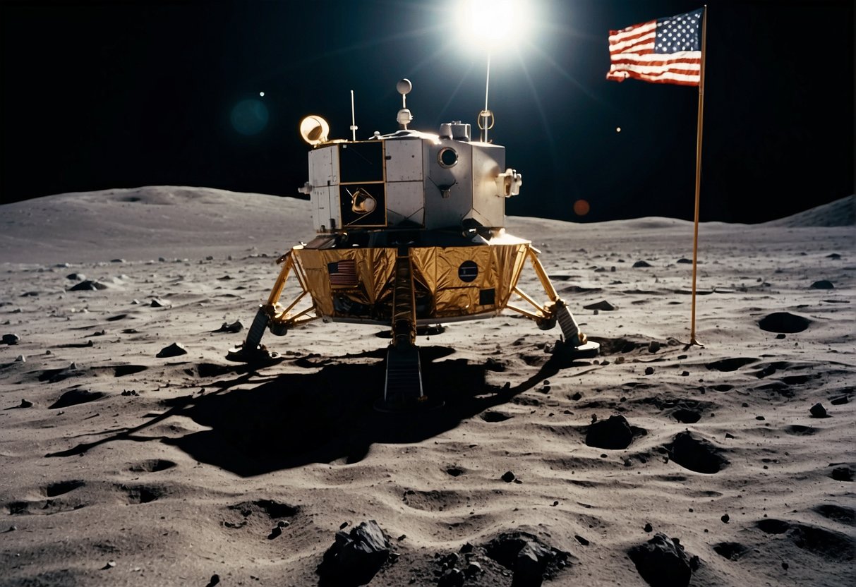 Apollo 11 spacecraft on the moon's surface, with Earth in the background. The American flag planted next to the lunar module