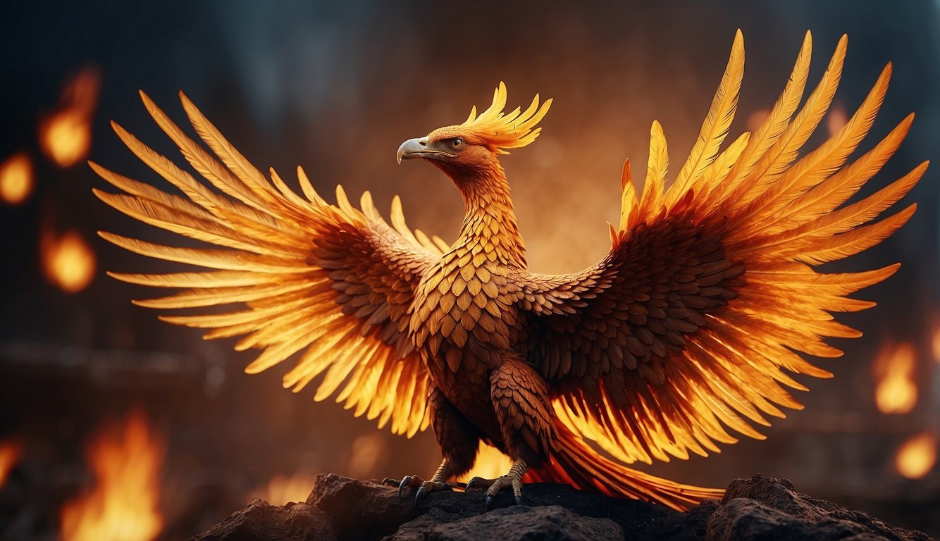 A majestic phoenix rises from the ashes, its fiery feathers glowing with vibrant colors as it spreads its wings in a powerful display of strength and beauty