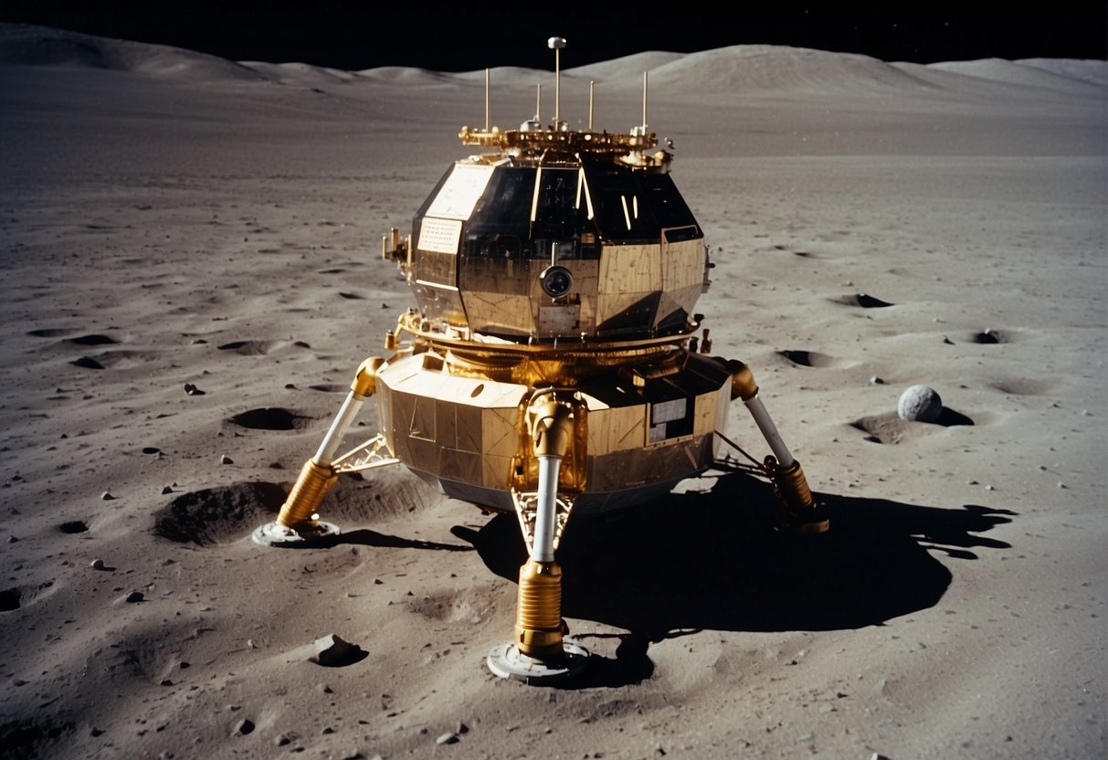 The Apollo 11 spacecraft sits on the lunar surface, with Earth in the background. The intricate technology of the spacecraft is visible, with its sleek and futuristic design capturing the monumental achievement of humanity's first steps on the moon