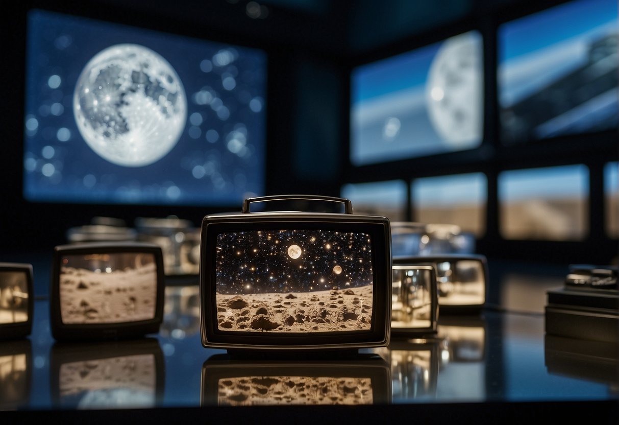 A display of lunar samples and Apollo 11 mission footage projected on a screen, showcasing humanity's scientific achievements and the historic moon landing
