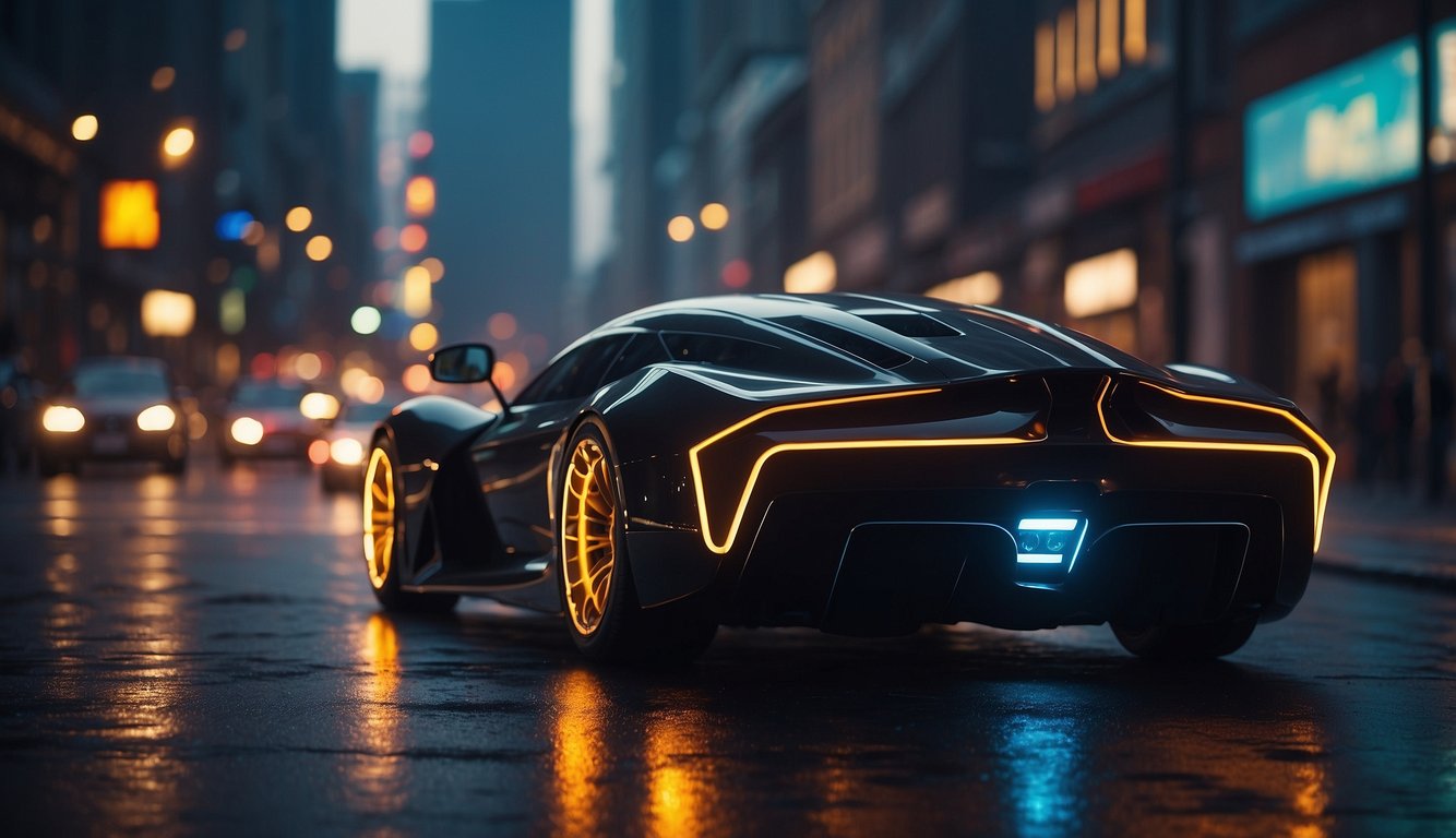 A sleek, futuristic dhd interceptor speeds through a neon-lit cityscape, leaving a trail of glowing exhaust in its wake
